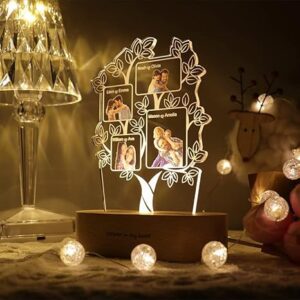 Cool Art Personalized 3D Illusion Family Tree LED Photo Lamp Gift for Couple – 20x22 cm – Multicolor