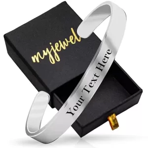 Personalized Gold Cuff Bracelet – Engraved Stainless Steel Name Quote Mantra Jewelry for Men & Women