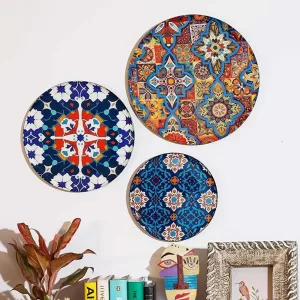 Set of 3 multicolour metal decorative wall plates with Turkish art design for home and living room wall décor Metal Decorative Wall Plates Set