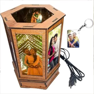 Personalized rotating LED photo table lamp with 7 to 13 custom photos, black base, and free keychain – romantic gift for couples, friends, and family