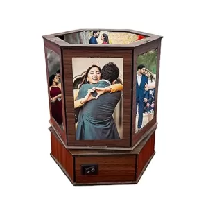 Wooden hexagon rotating photo lamp with 7 customized photos and multicolor LED lighting, perfect wedding, anniversary, birthday, and Valentine’s gift Wood Customized Hexagon