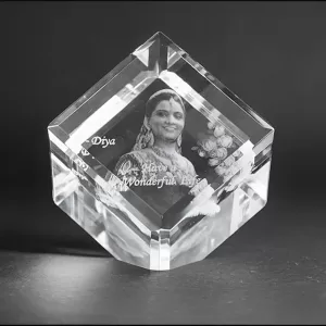 Personalised 3D crystal cube with laser engraving and LED light base – large transparent anniversary gift