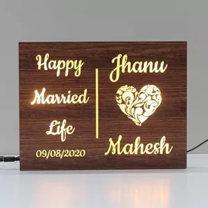 Personalized Couple Name Wedding Lamp with Date – Wooden Golden Oak Love Lamp for Anniversary, Wedding, Valentine’s Day Gift