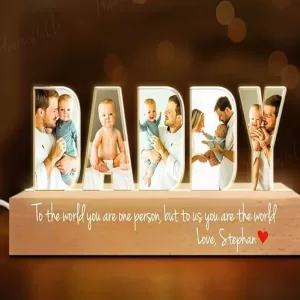 Personalised LED photo frame for Dad with pinewood base and printed acrylic, ideal for Father’s Day or birthday gift