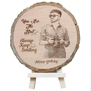 COOL ART Customize Engraved Natural Slice Wooden Round Photo Frame, Personalized Picture Gift with Real Wood Plaque and Stand Engraved Wooden Round Photo Frame