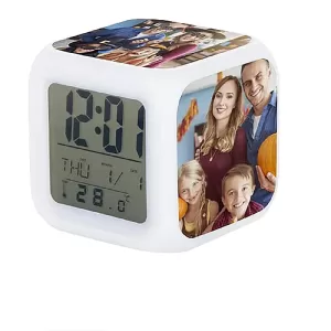 Personalized Photo LED Digital Alarm Clock with custom 4 photos, time, date, temperature display, and color-changing lights – perfect customized gift for kids, girls, and home décor.
