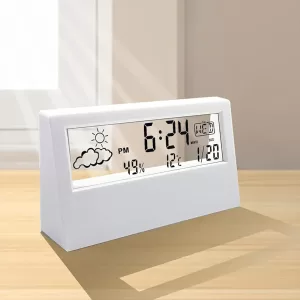 Digital alarm clock with transparent modern design, temperature and humidity display, snooze function, battery operated table clock for bedroom, office, and home decor Transparent Digital Alarm Clock