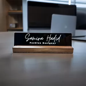 Personalized Acrylic Desk Name Plate with Wooden Stand – Office Table Name Plate for Professionals, Customized Desk Plate Customized Acrylic Desk Name Plate