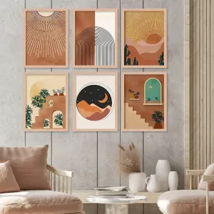 Set of 6 premium digital paintings with frames from COOL ARTkotart, featuring sunset and landscape-themed wall art in earthy tones, perfect for living room, bedroom, or office wall decoration Framed Wall Art Combo for Living Room