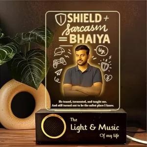 Personalized LED acrylic photo lamp Rakhi gift for elder brother or sister with custom name, photo, Bluetooth speaker, and warm light Personalized Rakhi Gift for Brother