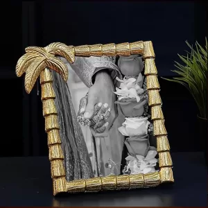 Antique golden metal photo frame with palm tree design, rectangular 6x8 inch decorative frame for wall, table, and gift use Golden Photo Frame
