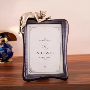 Resting leopard metal photo frame in hammered iron with glossy finish, 5x7 decorative frame for office table, home, and premium gifting Resting Leopard Metal Photo Frame