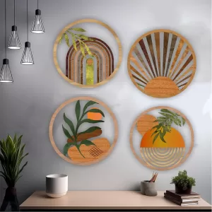 Multicolor wooden wall plates set of 4 for home decor – Boho style wall hanging decorations for living room, bedroom, and office Wooden Wall Plates Decor Set