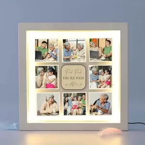 Personalized LED photo frame for dad with custom picture, wooden base, and warm white light