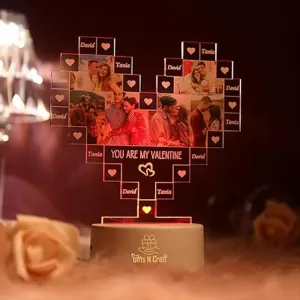 Customized 3D Illusion Heart Photo Acrylic Lamp with Multicolor LED, Personalized Heart Shape Photo Night Lamp Gift for Couples, Anniversary, Valentine, and Wedding Customized 3D Illusion Heart Photo Lamp