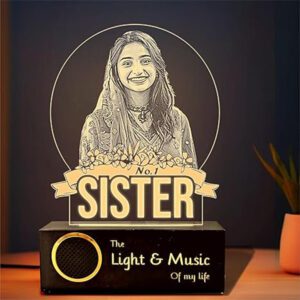 Personalized Rakshabandhan LED Photo Lamp with engraved No.1 Sister design, Bluetooth speaker, and acrylic finish – Best Rakhi Gift for Brother or Sister. Rakshabandhan Personalized LED Photo Lamp