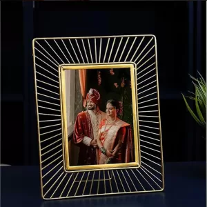 Golden Sunbeam Designer Photo Frame with Wedding Couple Photo – 5x7 Inches Decorative Frame for Anniversary or Home Decor