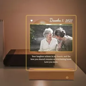 Acrylic LED Photo Frame customized with photo and engraved text, perfect for couples, birthday, or engagement gift, tabletop rectangular design 15x20 cm
