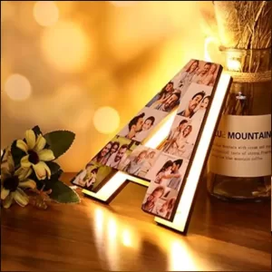 Personalised MDF wooden LED photo frame 8x8 inch with alphabetical design, customizable photo, ideal birthday gift, engagement gift, or couples gift for tabletop display