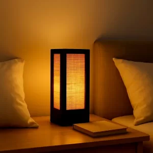 Handcrafted wooden table lamp with natural jute shade, black rectangular base, 5x5x11 inches, ideal for bedside, living room, or desk décor