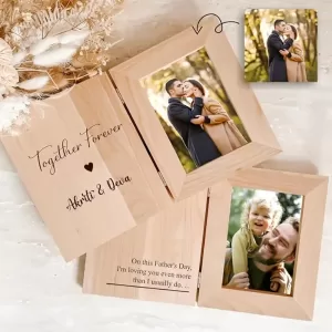 Personalized Wooden Anniversary Photo Frame with engraved message, custom double-sided wedding gift for couples