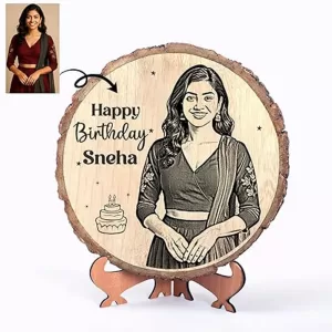 Personalized Wooden Slice Photo Frame with stand – custom engraved wooden plaque gift for birthday, anniversary, wedding, retirement, Valentine’s Day