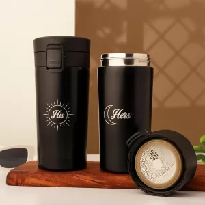 Stylish 400 ml Couple Travel Mug set by COOL ART, vacuum insulated stainless steel his and hers travel mugs, perfect for couples