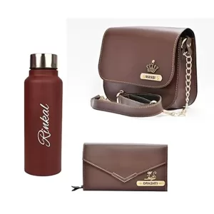 Personalized ladies wallet, sling bag and water bottle gift set with name engraving in brown color – perfect anniversary and birthday gift for women Personalized Anniversary Gift Set for Women