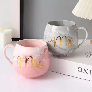 Mr and Mrs Coffee Mug Set of 2, Ceramic Couple Mugs 280 ML Pink & Grey – Perfect Gift for Couples, Wedding, Anniversary, Bridal Shower, Newlyweds