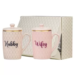 Hubby Wifey Coffee Mug Set 415 ml with 24K Gold Trim – COOL ART Porcelain Couple Mugs, Perfect Wedding & Anniversary Gift Hubby Wifey Coffee Mugs Set