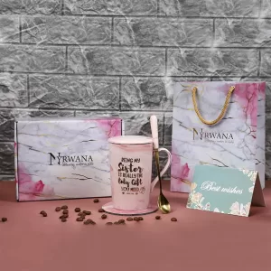 Birthday Gift Coffee Mug for Sister – Pink Ceramic Coffee Cup with Spoon, Cute Ceramic Mug for Rakshabandhan, Women’s Birthday Present