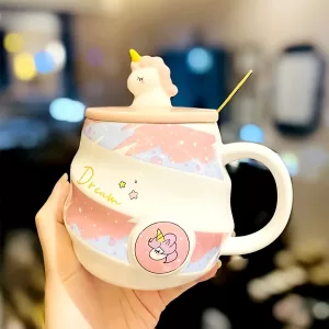 COOL ART Ceramic Mug with Lid and Spoon, 400ml Cartoon Coffee Cup, Pink Tea Mug for Kids, Girls & Women, Birthday and Christmas Gift