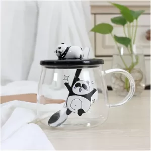 COOL ART Panda Ceramic Coffee Mug 420ml with Lid and Glass Spoon – Cute White 3D Panda Coffee Cup for Birthday, Rakhi, or Gifts