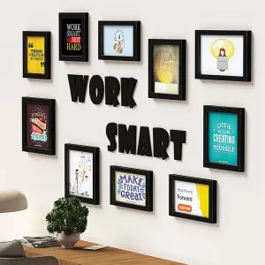 Synthetic Photo Frame with inspirational quote "Work Smart" – COOL ART rectangular wall hanging frame, black color, 23x28 cm, perfect for bedroom, office & home decoration
