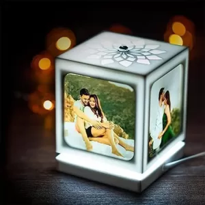 COOL ART Anniversary Gift Nostalgia Flora Rotating Photo Lamp in white with LED light, personalized rotating photo display for couples and home decor
