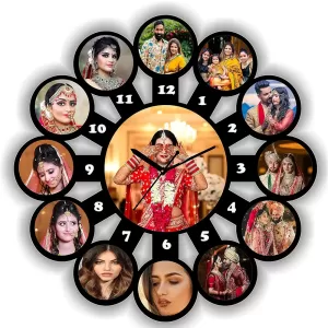 Personalized 13 Photo Wall Clock in MDF Wood – Black 18x18 Inch Frame by COOL ART Personalized 13 Photo Clock for Wall