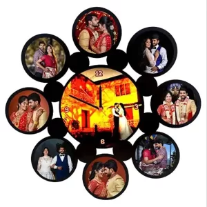 COOL ART Customized 9 Photos Collage Frame with Wall Clock – Personalized photo gift with round analog clock, 19x19 inch hanging wall décor Customized Collage Frame with Wall Clock