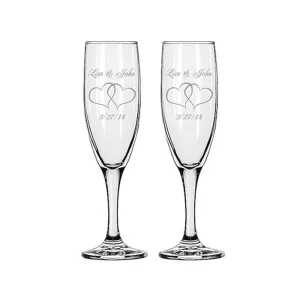 Personalized engraved champagne flute glasses with interlock heart design – Custom couple gift set of 2 (160 ml) Custom Engraved Champagne Flute Glasses