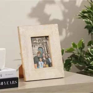 Medium birch wooden photo frame with geometric pattern for tabletop display, holding 3.5x5.5 inch photo Wooden Table Photo Frame