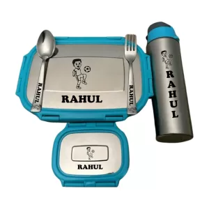 Personalized Kids Tiffin Set with name engraving and favorite character, including stainless steel lunch box and matching bottle for kids