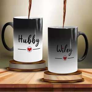COOL ART Ceramic Hubby Wifey Color Changing Coffee Mug Set for Couple Valentine Gift 325ml