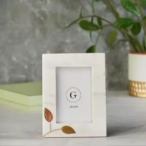 Marble Photo Frame in white marble with brass leaf inlay, decorative tabletop picture frame for home décor and gifting