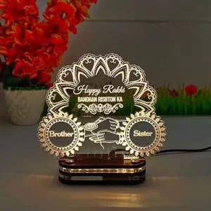Personalized Rakhi LED Lamp with brother and sister names engraved, warm white mini light for Raksha Bandhan gifting