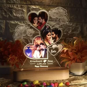 Personalized LED Heart Lamp with engraved names and date, heart-shaped acrylic photo lamp with rose design for couples’ anniversaries