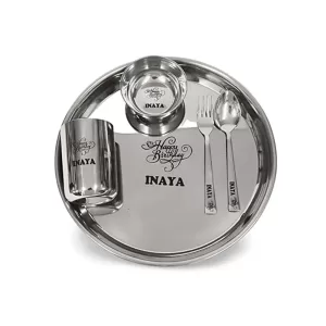 Personalized Kids Thali Set with custom name engraving, stainless steel thali with compartments for kids, ideal birthday and festival gift