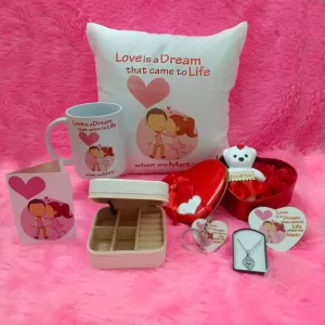 Romantic Gift Combo for Couples including cushion, mug, teddy-roses, jewelry box, heart pendant, K-ring, F-magnet, and greeting card