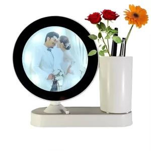 Customized LED Magic Mirror Photo Frame with Flower Vase & Pen Stand – Personalized LED Desk Gift
