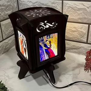 LED Photo Lamp for Couples with 4 customizable photos, acrylic rotating design, red glow