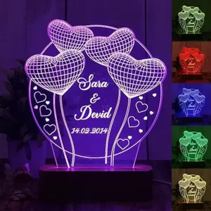 3D LED Night Lamp for Couples with custom engraved names, acrylic 3D illusion design, multi-color LED, perfect for wedding and anniversary gifts