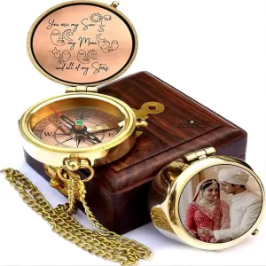 Personalized Pocket Compass Gift with engraved brass and wooden storage box for camping and travel